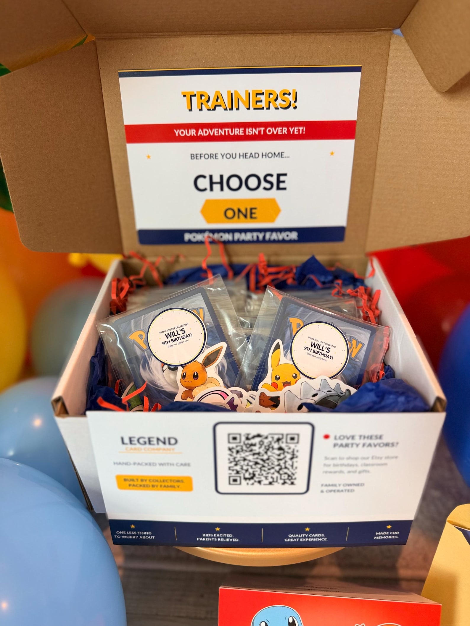Completed personalized Pokémon party favors packed and ready to hand out