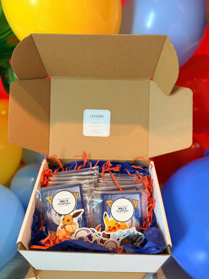 Personalized Pokémon card favors with the birthday child's name and age